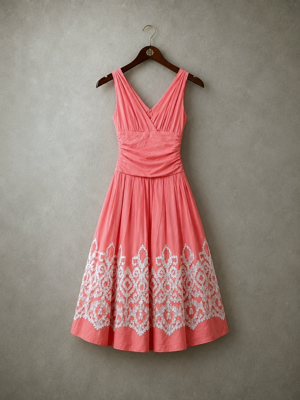 S.L. Fashions Coral Pink Cotton V‑Neck Embroidered A-Line Dress